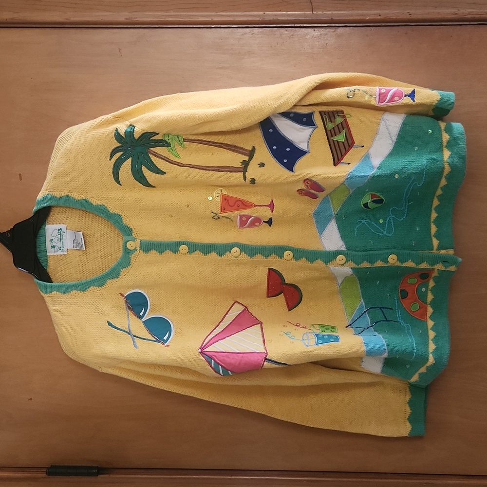 Quacker Factory Yellow Beach Sequin Sweater Fun 1x